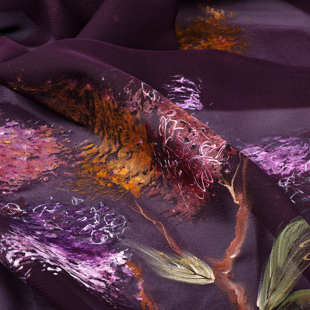 Hand-Painted Floral-Themed Soft Purple 100% Silk Scarf - Luxurious Blooming