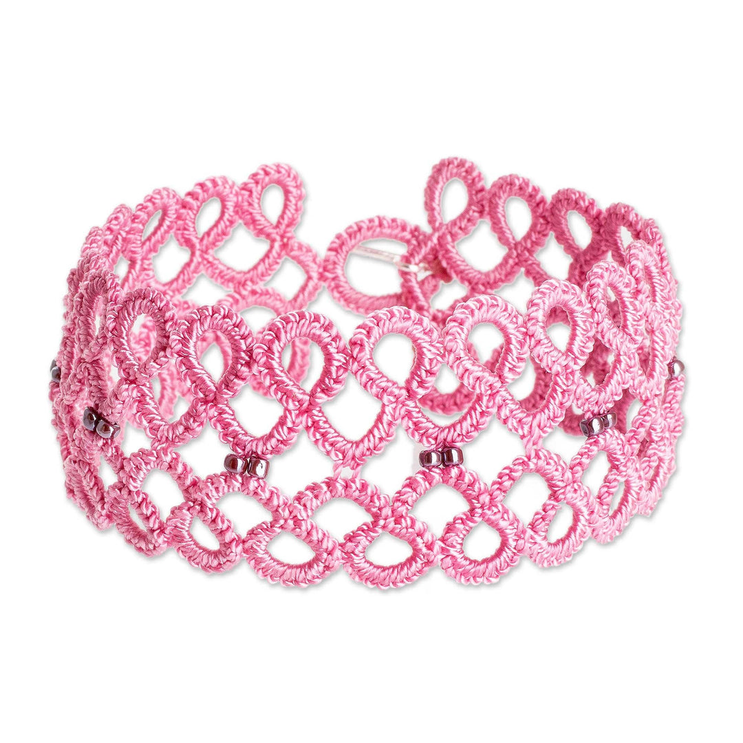 Handwoven Pink Wristband Bracelet with Glass Beads - Gleams of Sweetness