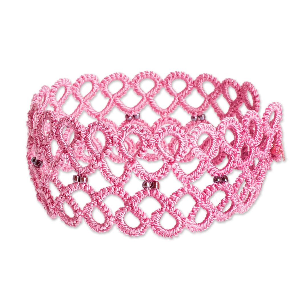 Handwoven Pink Wristband Bracelet with Glass Beads - Gleams of Sweetness