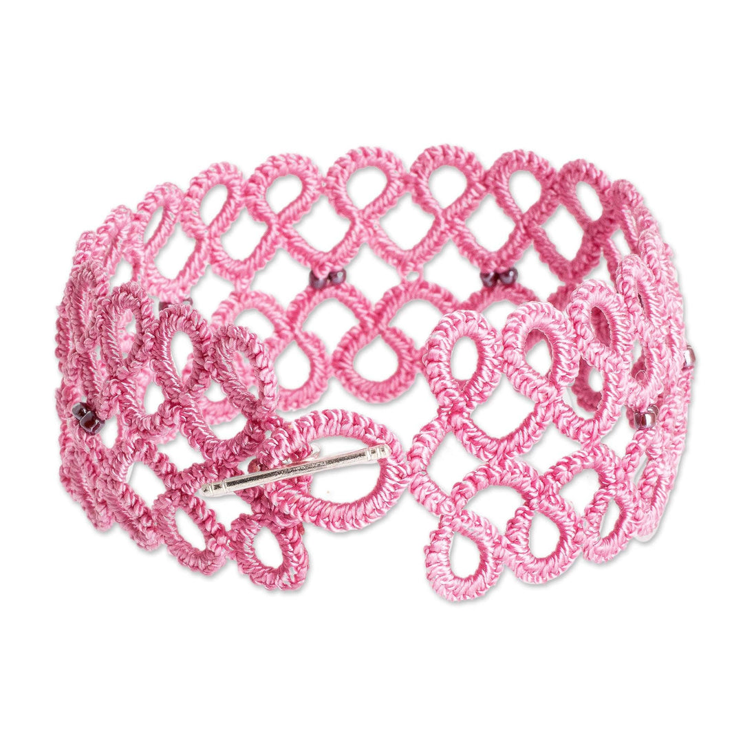 Handwoven Pink Wristband Bracelet with Glass Beads - Gleams of Sweetness