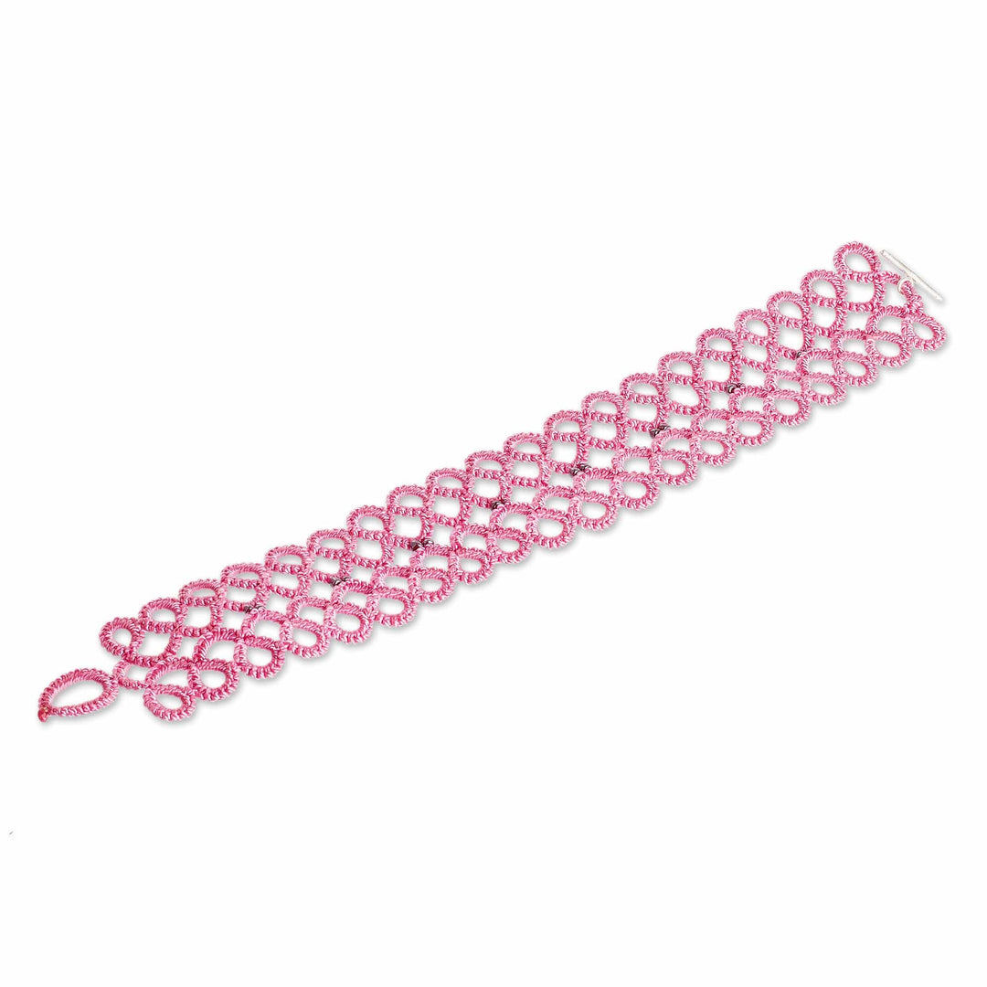 Handwoven Pink Wristband Bracelet with Glass Beads - Gleams of Sweetness