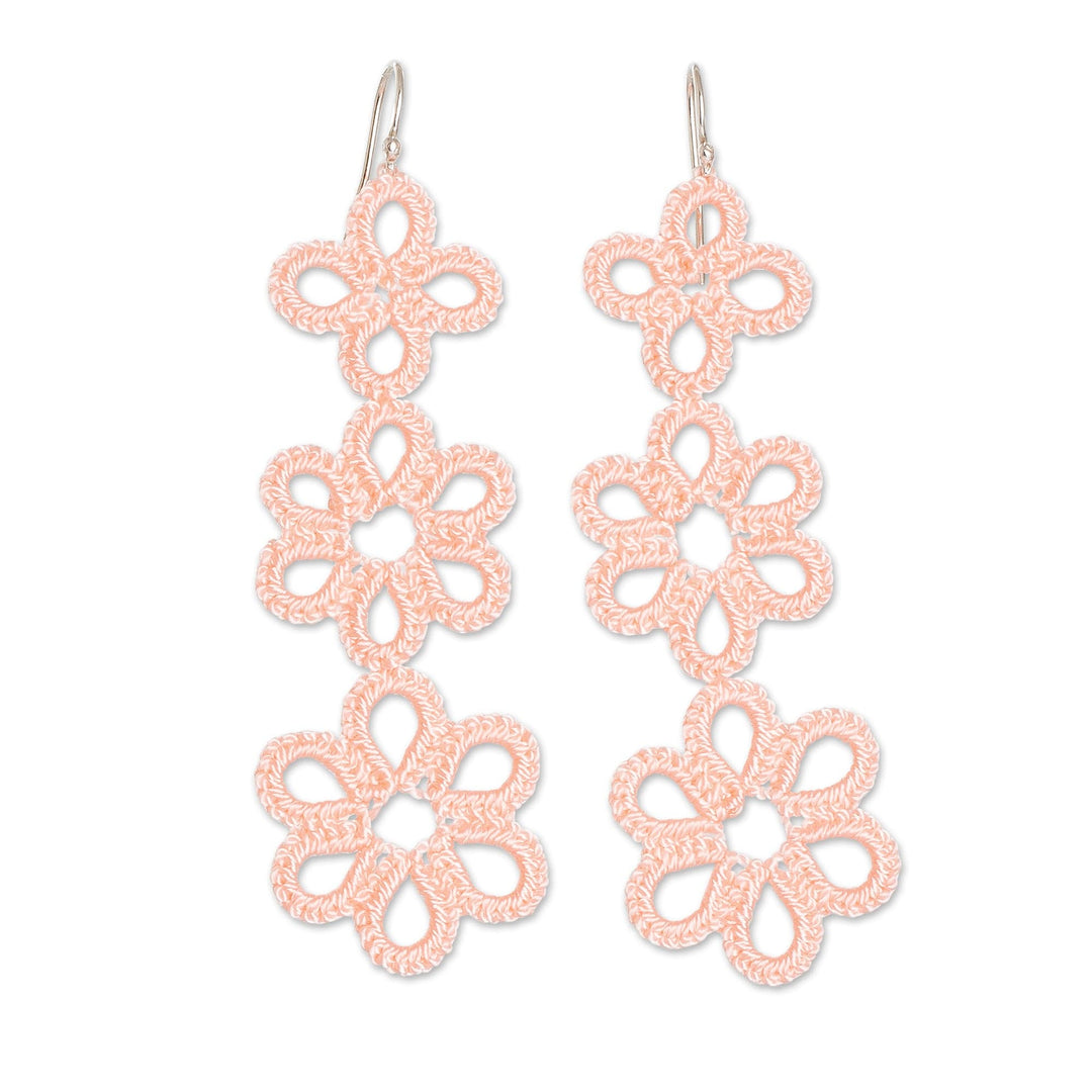 Hand-Tatted Floral Dangle Earrings in Peach from Guatemala - Petal Delight in Peach