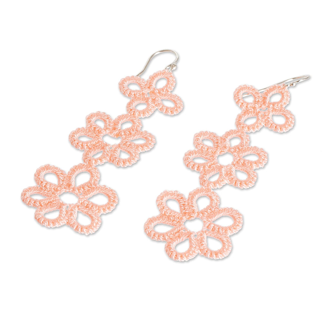 Hand-Tatted Floral Dangle Earrings in Peach from Guatemala - Petal Delight in Peach