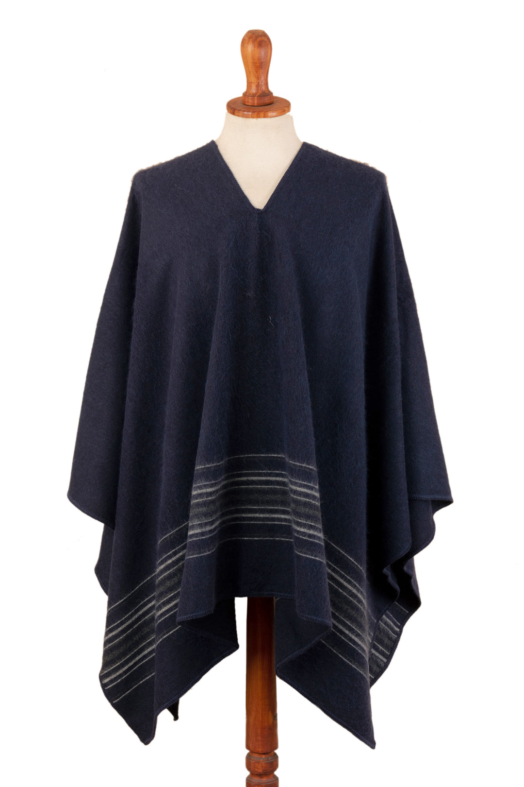 Men's Loomed Soft Alpaca Blend Navy Blue Poncho with Stripes - Blue Littoral