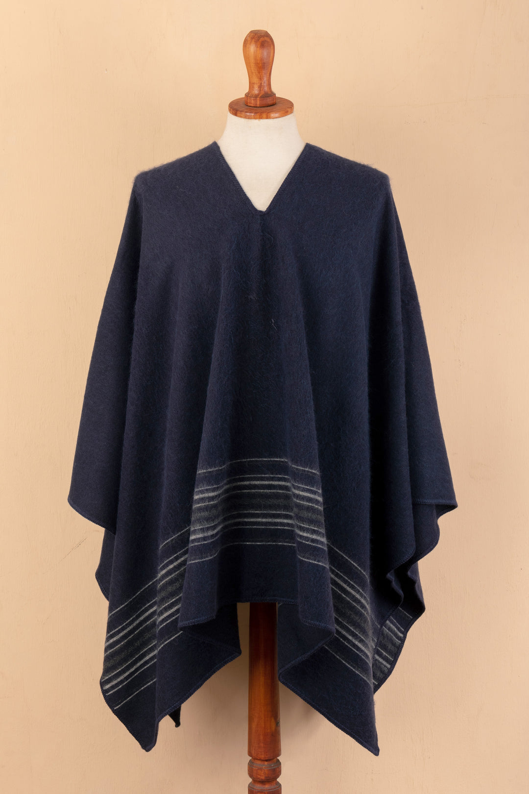 Men's Loomed Soft Alpaca Blend Navy Blue Poncho with Stripes - Blue Littoral