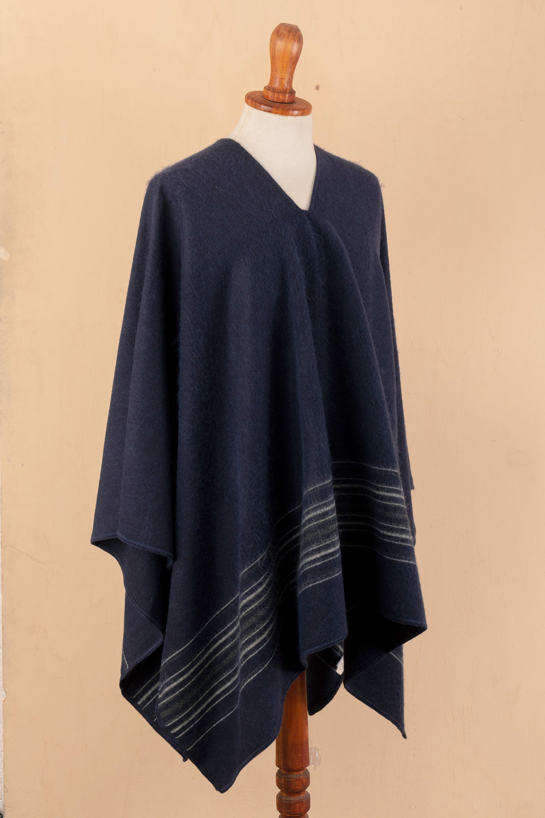 Men's Loomed Soft Alpaca Blend Navy Blue Poncho with Stripes - Blue Littoral