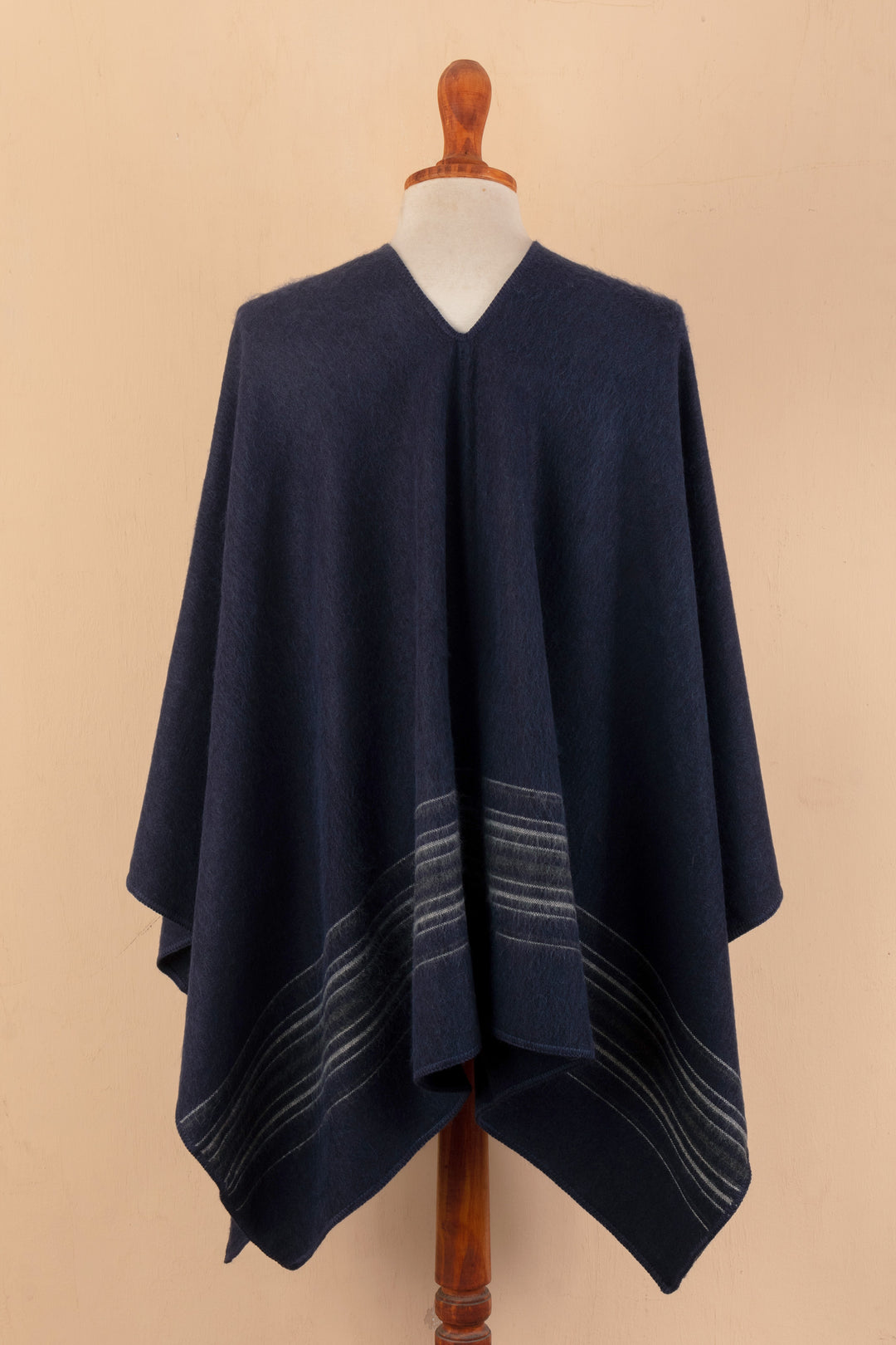 Men's Loomed Soft Alpaca Blend Navy Blue Poncho with Stripes - Blue Littoral