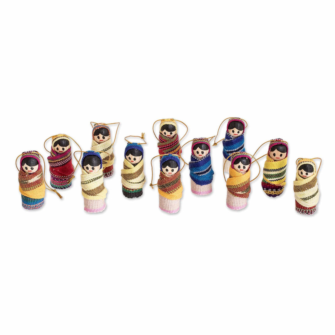 Handcrafted Worry Doll Wood and Cotton Ornaments (Set of 12) - Happy Folk