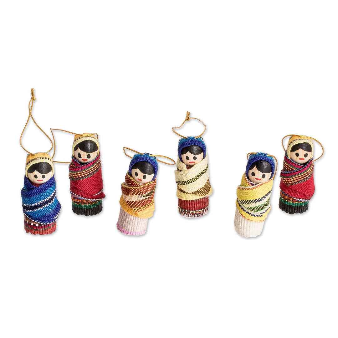 Handcrafted Worry Doll Wood and Cotton Ornaments (Set of 6) - Happy Gathering