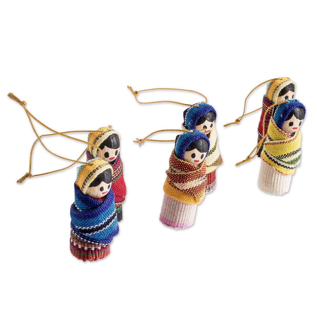 Handcrafted Worry Doll Wood and Cotton Ornaments (Set of 6) - Happy Gathering