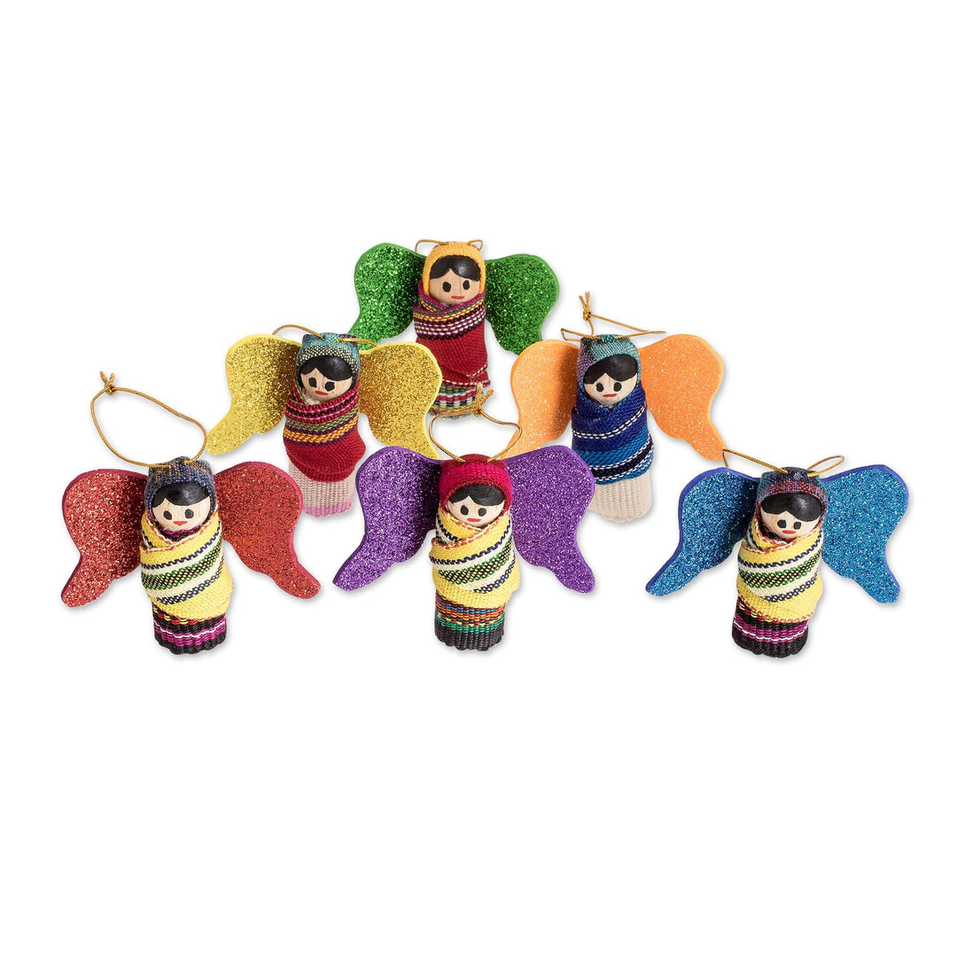 Handmade Angel-Themed Wood and Cotton Ornaments (Set of 6) - Happy Heaven