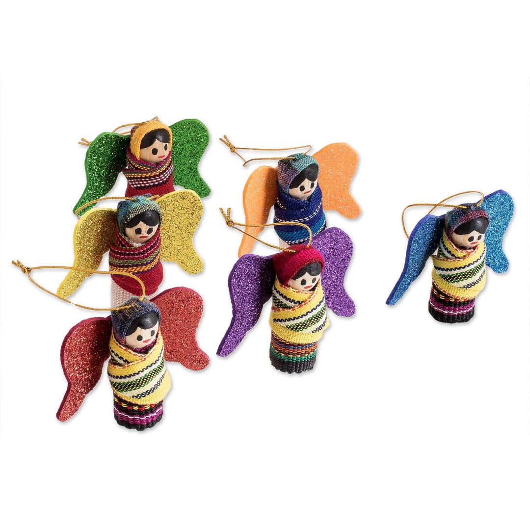 Handmade Angel-Themed Wood and Cotton Ornaments (Set of 6) - Happy Heaven