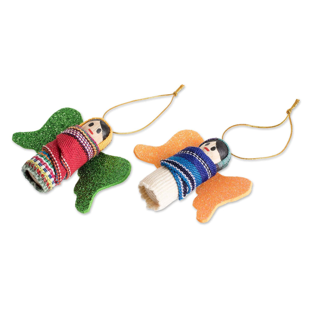 Handmade Angel-Themed Wood and Cotton Ornaments (Set of 6) - Happy Heaven