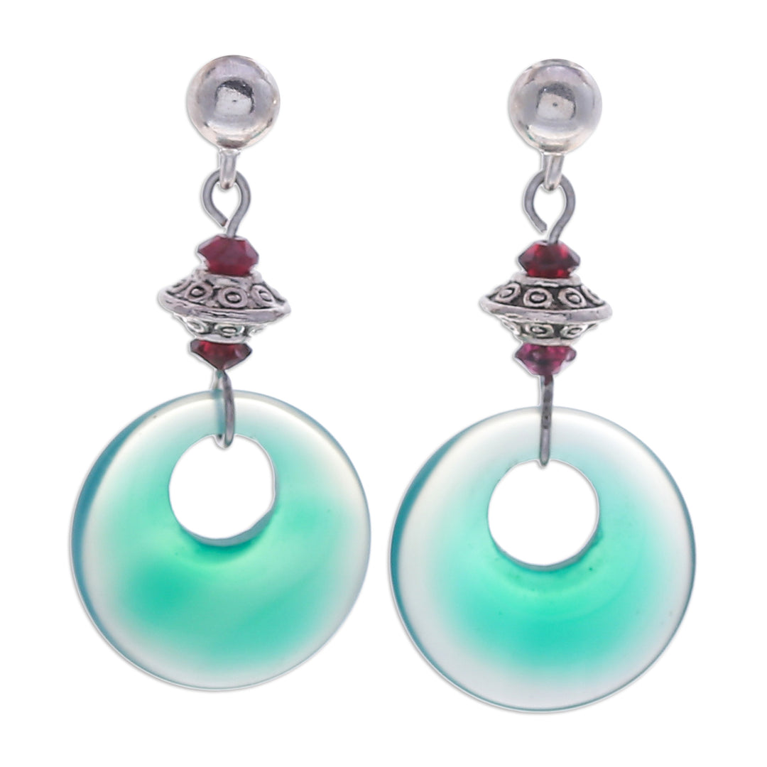 Sterling Silver Dangle Earrings with Green Onyx and Garnet - Green Loops