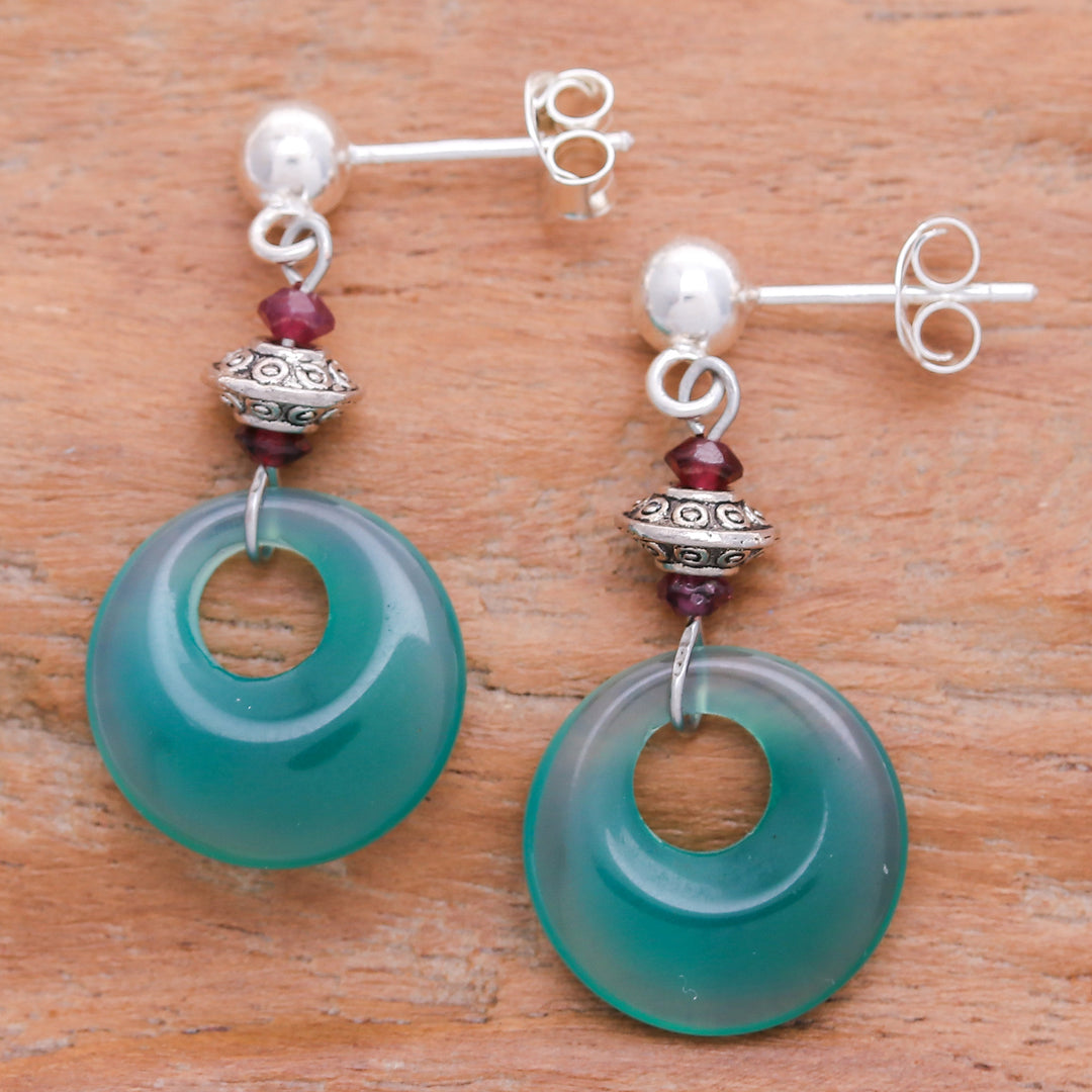 Sterling Silver Dangle Earrings with Green Onyx and Garnet - Green Loops