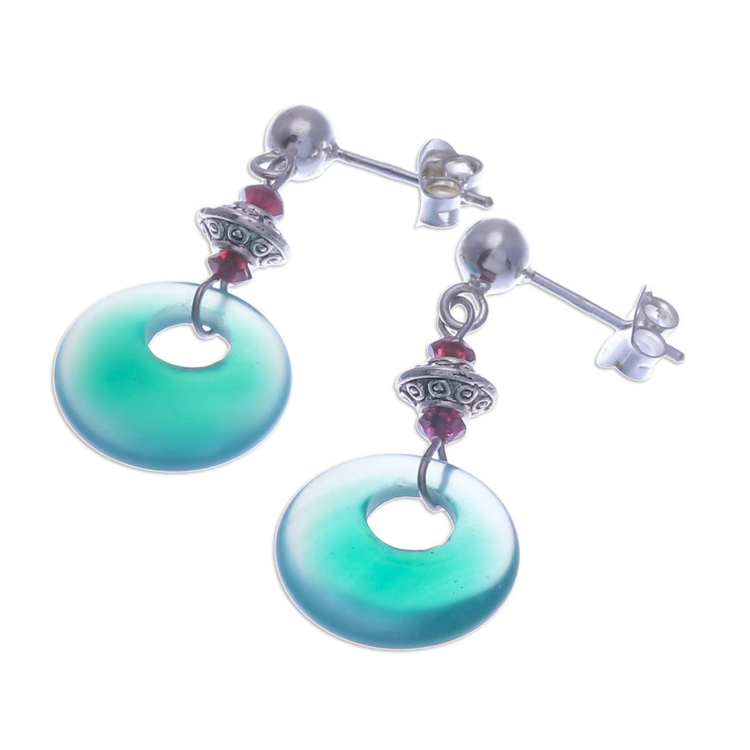 Sterling Silver Dangle Earrings with Green Onyx and Garnet - Green Loops