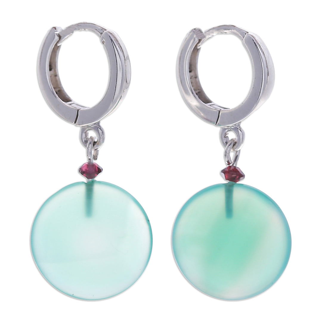 Sterling Silver Hoop Earrings with Green Onyx and Garnet - Green Full Moon