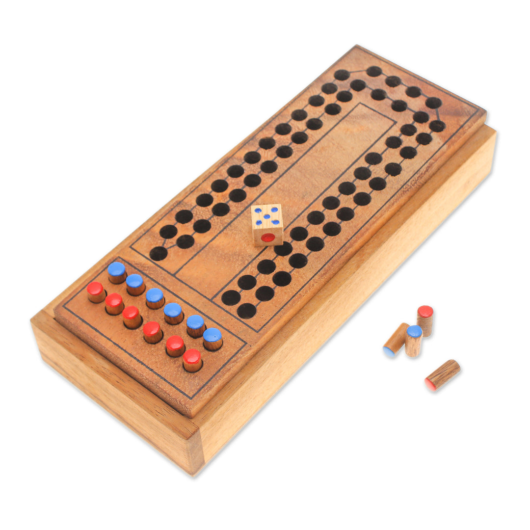 Handcrafted Raintree Wood Board Game from Thailand - Race Around the Track
