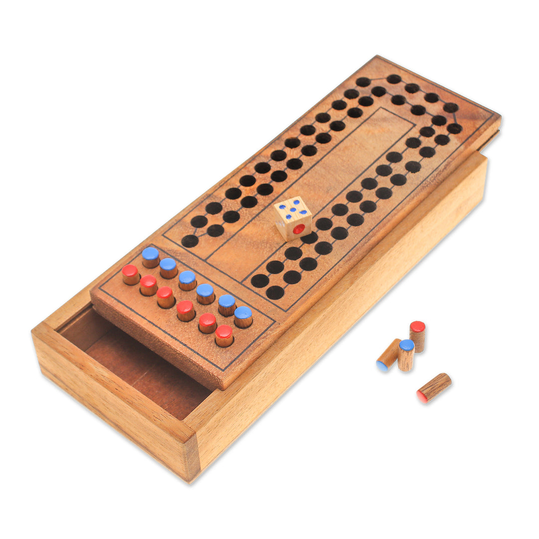 Handcrafted Raintree Wood Board Game from Thailand - Race Around the Track