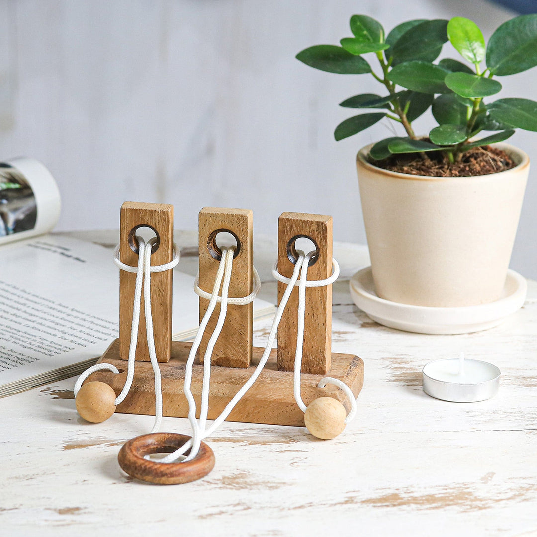 Handcrafted Wood and Nylon Disentanglement Puzzle Game - Three Challenges