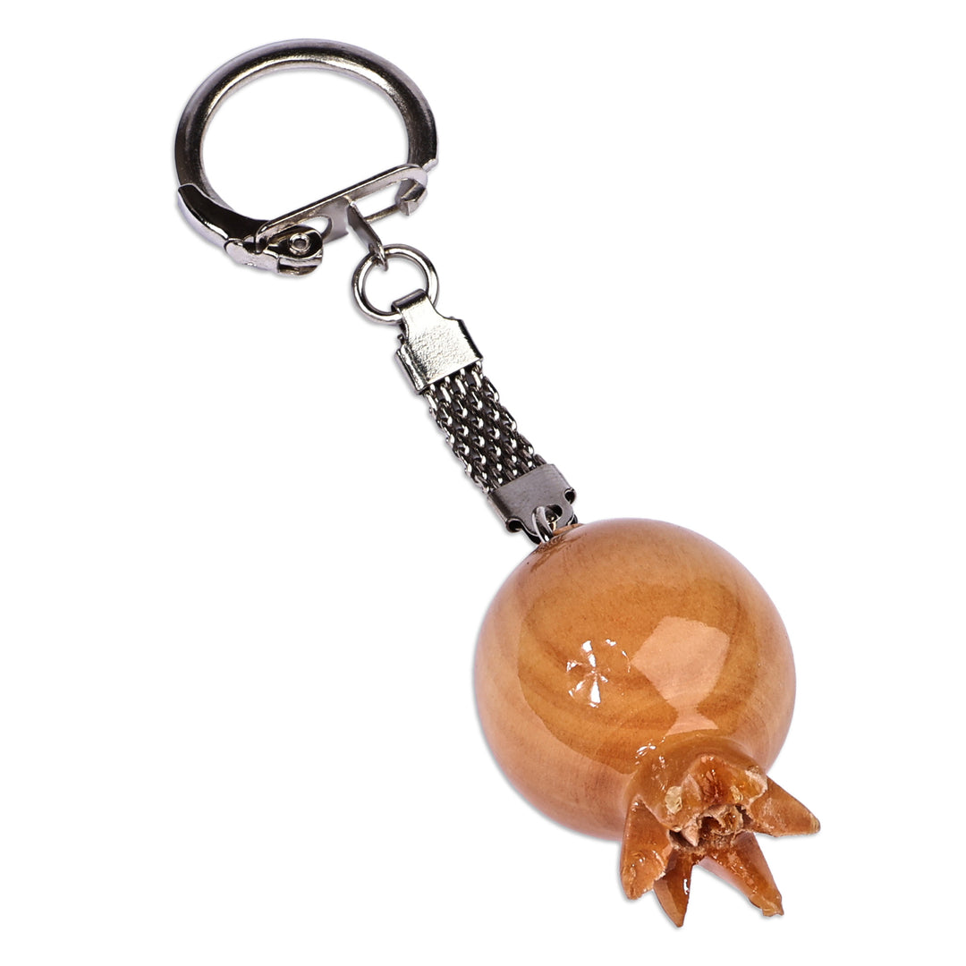 Pomegranate-Shaped Brown Wood and Stainless Steel Keychain - Pomegranate Luck