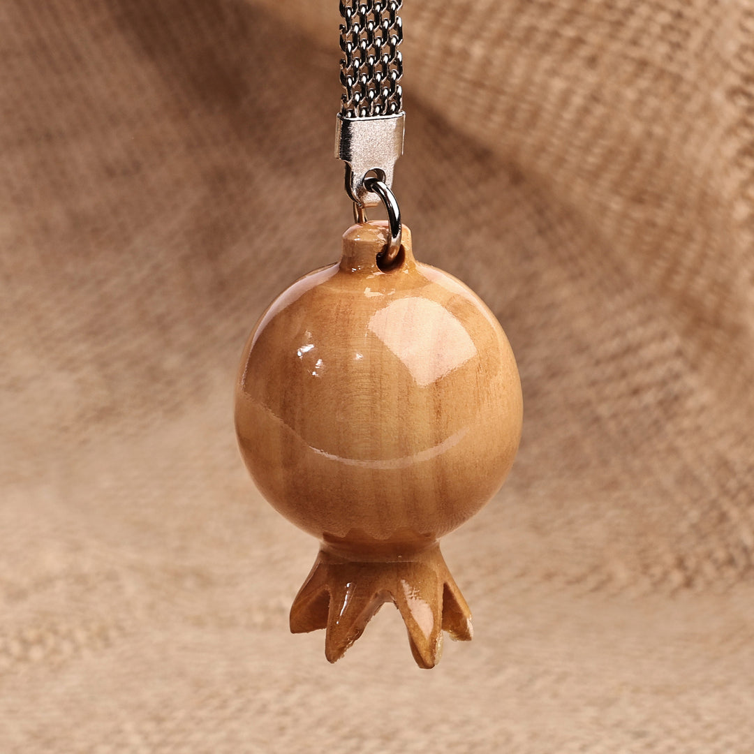 Pomegranate-Shaped Brown Wood and Stainless Steel Keychain - Pomegranate Luck