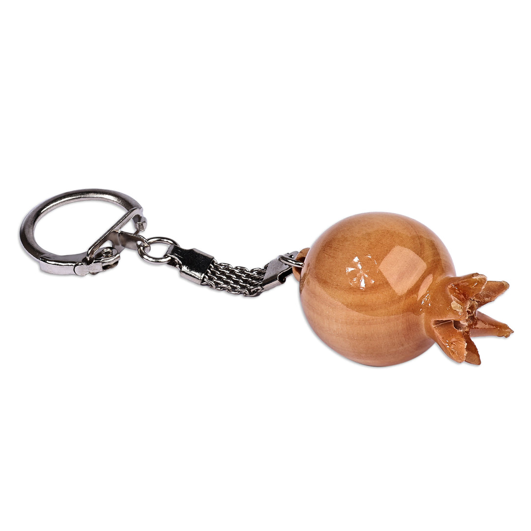 Pomegranate-Shaped Brown Wood and Stainless Steel Keychain - Pomegranate Luck