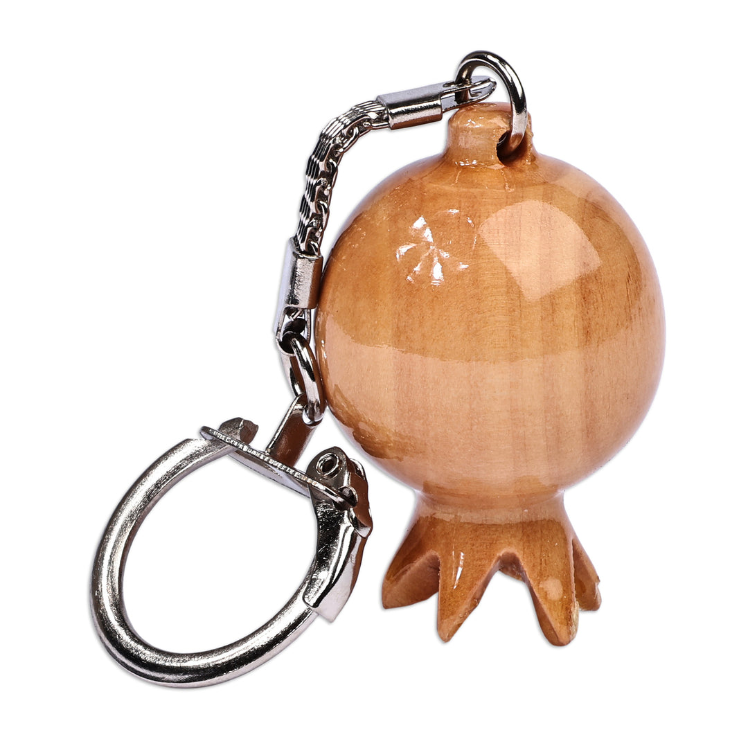 Pomegranate-Shaped Brown Wood and Stainless Steel Keychain - Pomegranate Luck