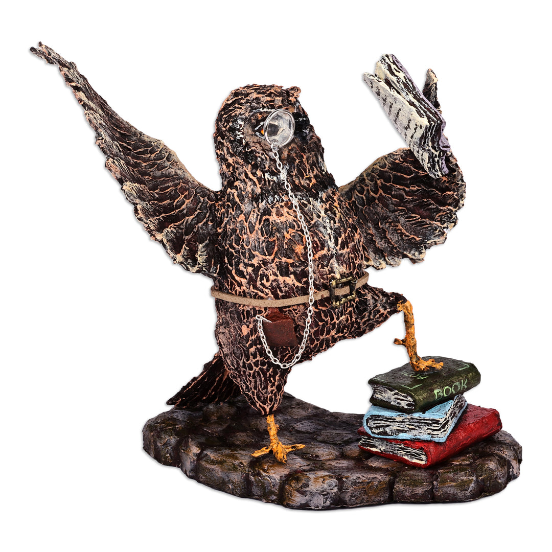 Hand-Painted Whimsical Owl-Themed Papier Mache Sculpture - Bookworm Owl