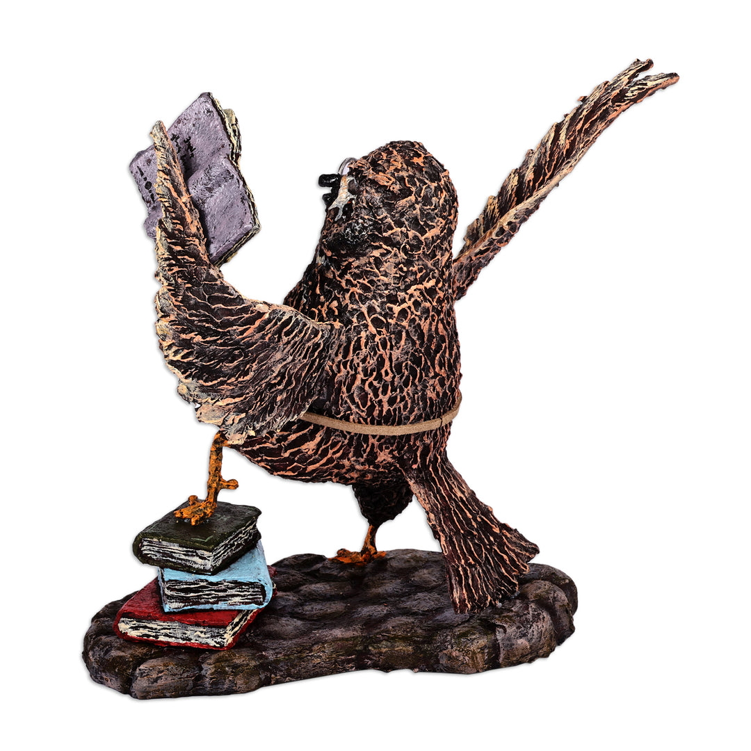 Hand-Painted Whimsical Owl-Themed Papier Mache Sculpture - Bookworm Owl