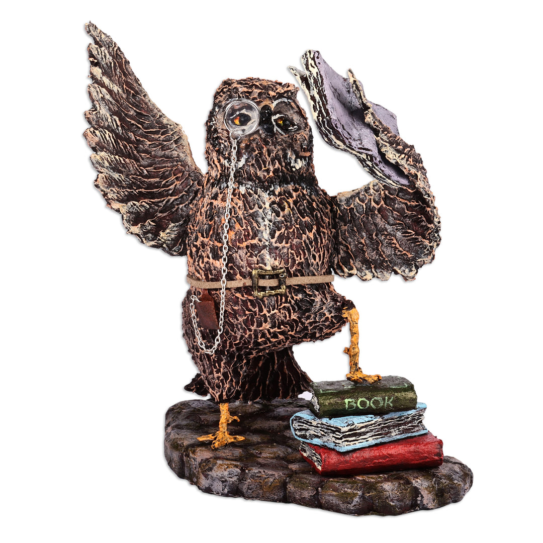 Hand-Painted Whimsical Owl-Themed Papier Mache Sculpture - Bookworm Owl