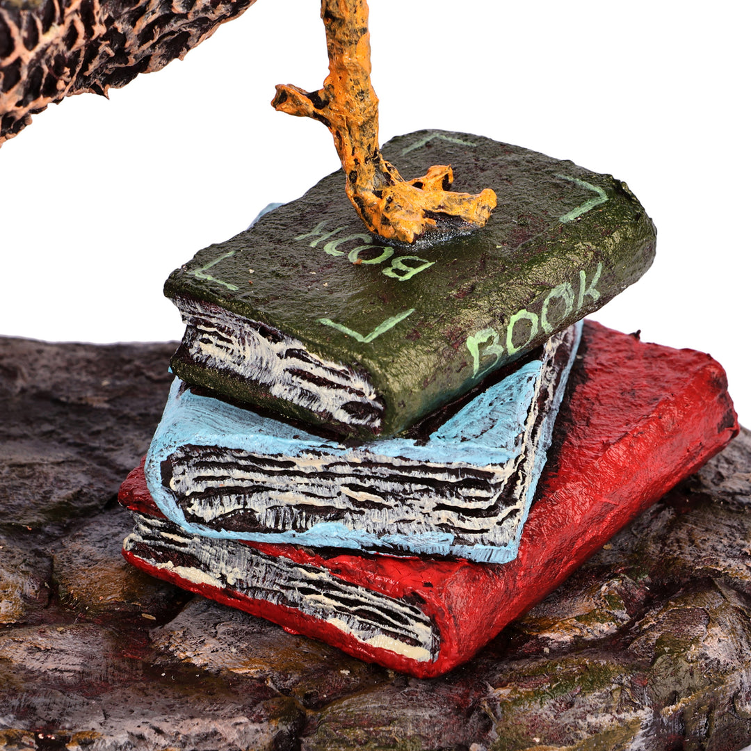 Hand-Painted Whimsical Owl-Themed Papier Mache Sculpture - Bookworm Owl