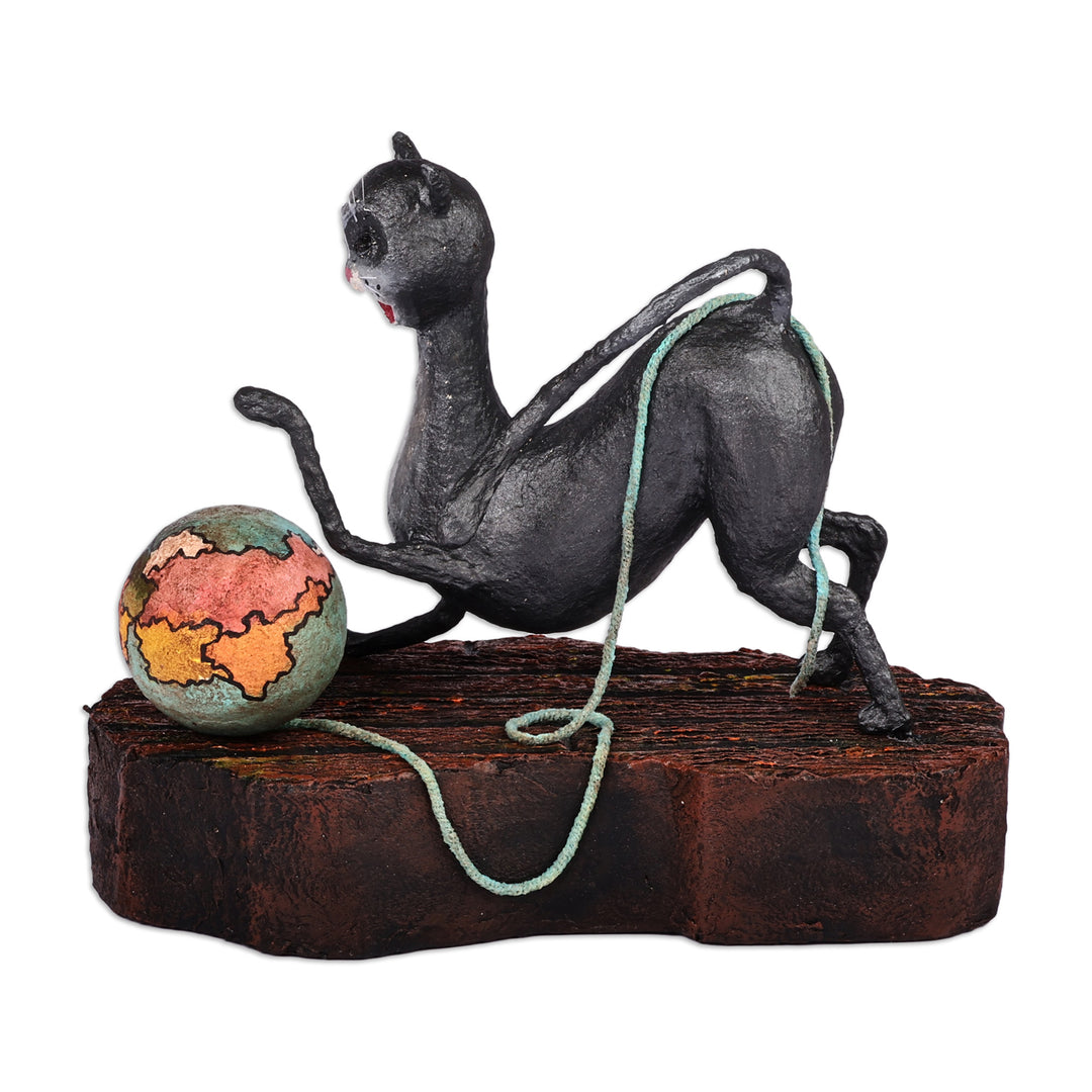 Hand-Painted Whimsical Cat-Themed Papier Mache Sculpture - Whiskered World Explorer