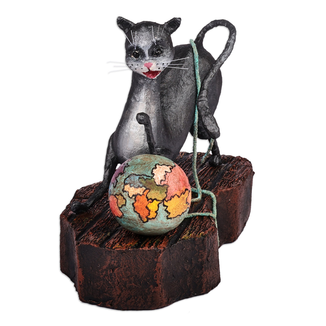 Hand-Painted Whimsical Cat-Themed Papier Mache Sculpture - Whiskered World Explorer