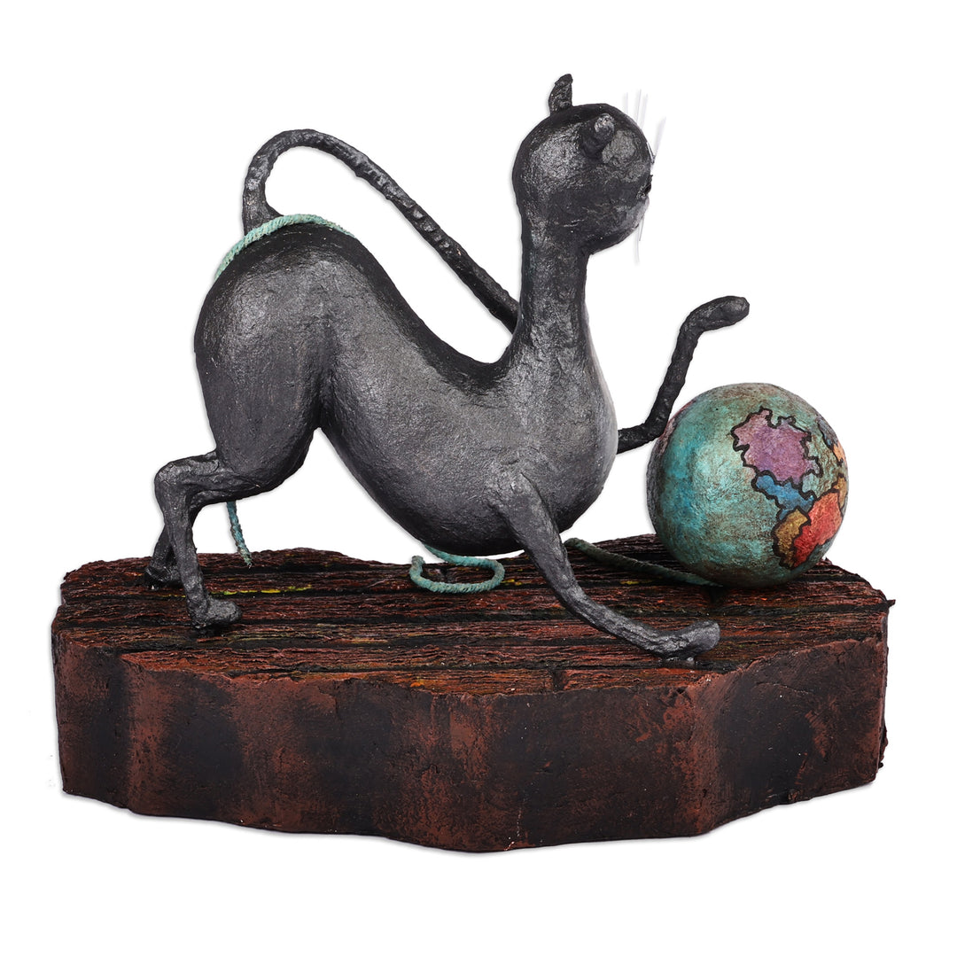 Hand-Painted Whimsical Cat-Themed Papier Mache Sculpture - Whiskered World Explorer