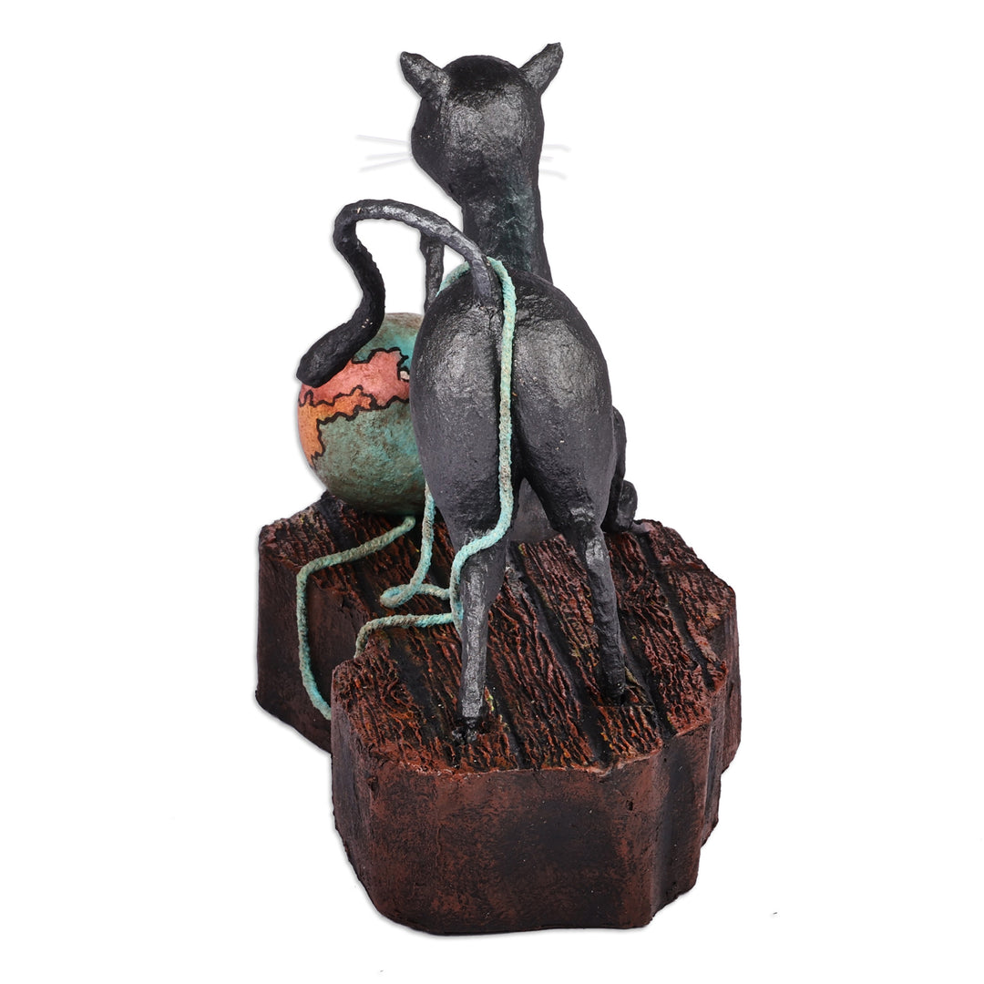 Hand-Painted Whimsical Cat-Themed Papier Mache Sculpture - Whiskered World Explorer