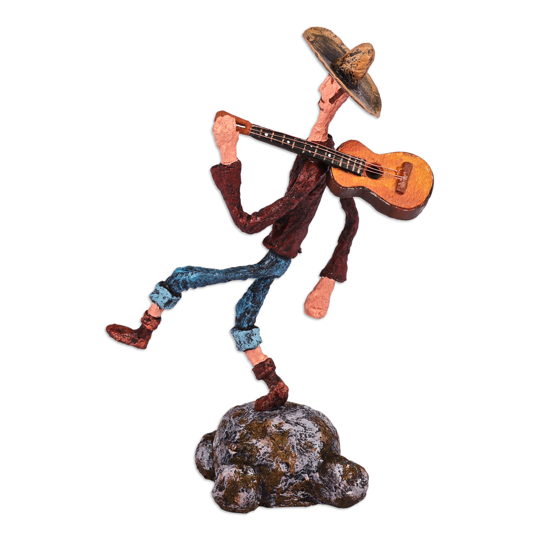 Painted Inspirational Papier Mache Sculpture of Guitarist - Strumming Serenade