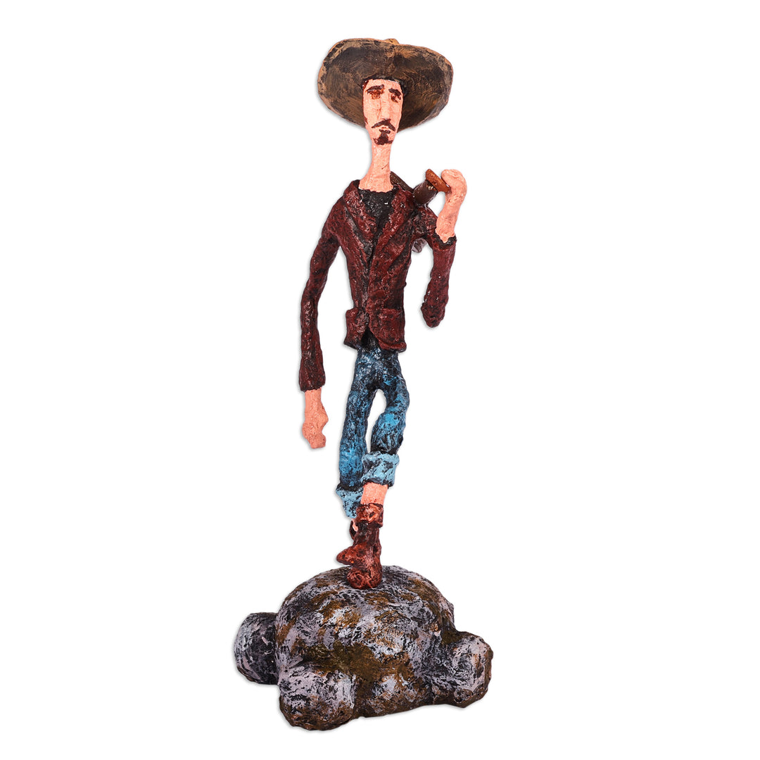 Painted Inspirational Papier Mache Sculpture of Guitarist - Strumming Serenade