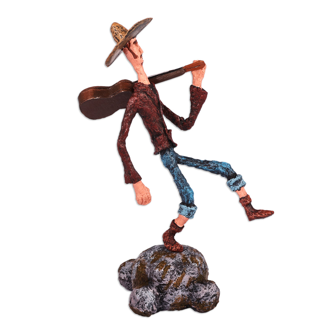 Painted Inspirational Papier Mache Sculpture of Guitarist - Strumming Serenade