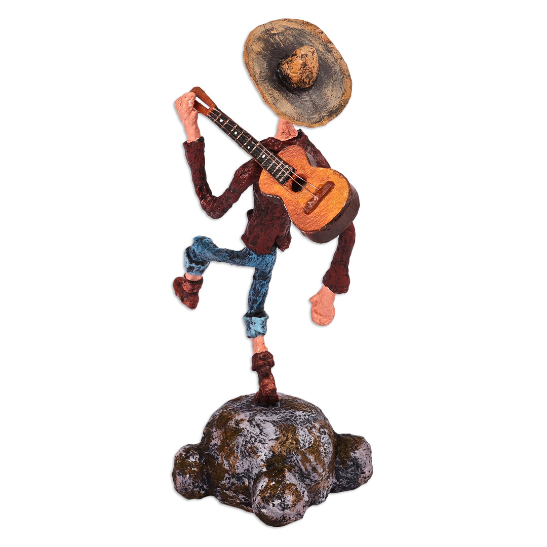 Painted Inspirational Papier Mache Sculpture of Guitarist - Strumming Serenade