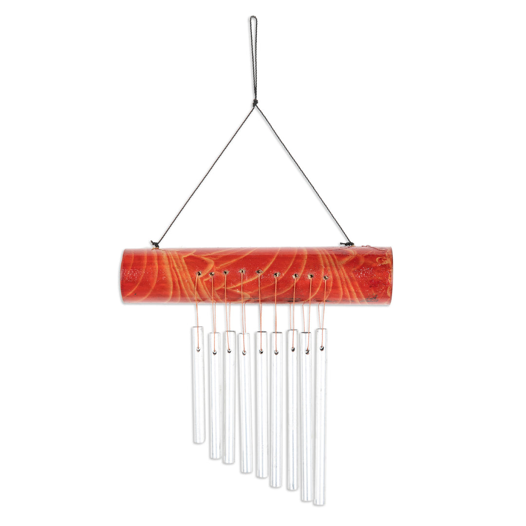 Red Bamboo Wind Chime with Nine Aluminum Pipes from Bali - Early Morning Song in Red