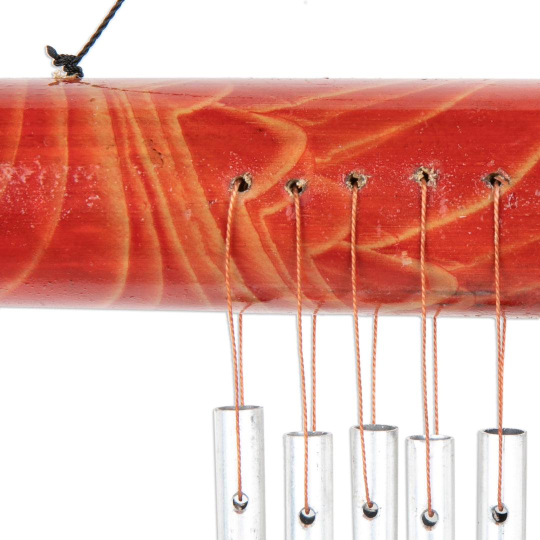 Red Bamboo Wind Chime with Nine Aluminum Pipes from Bali - Early Morning Song in Red