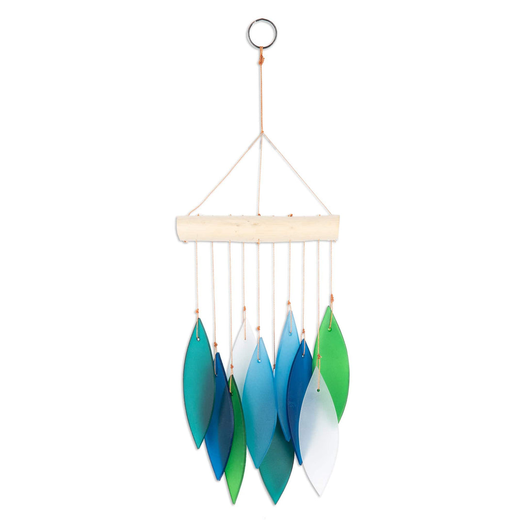 Glass and Wood Wind Chime in Blue Teal Green and White - Rhythm of Life