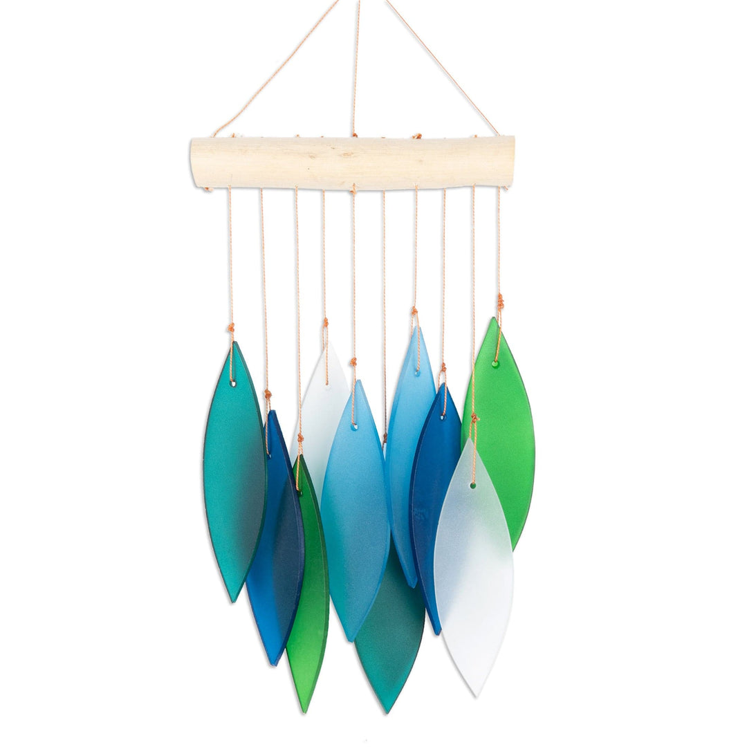 Glass and Wood Wind Chime in Blue Teal Green and White - Rhythm of Life