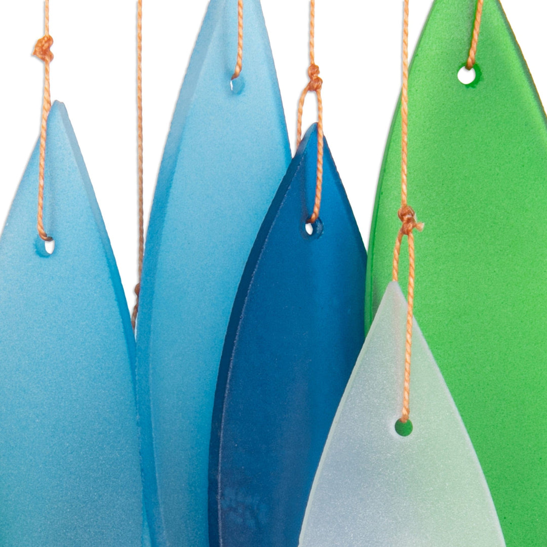Glass and Wood Wind Chime in Blue Teal Green and White - Rhythm of Life