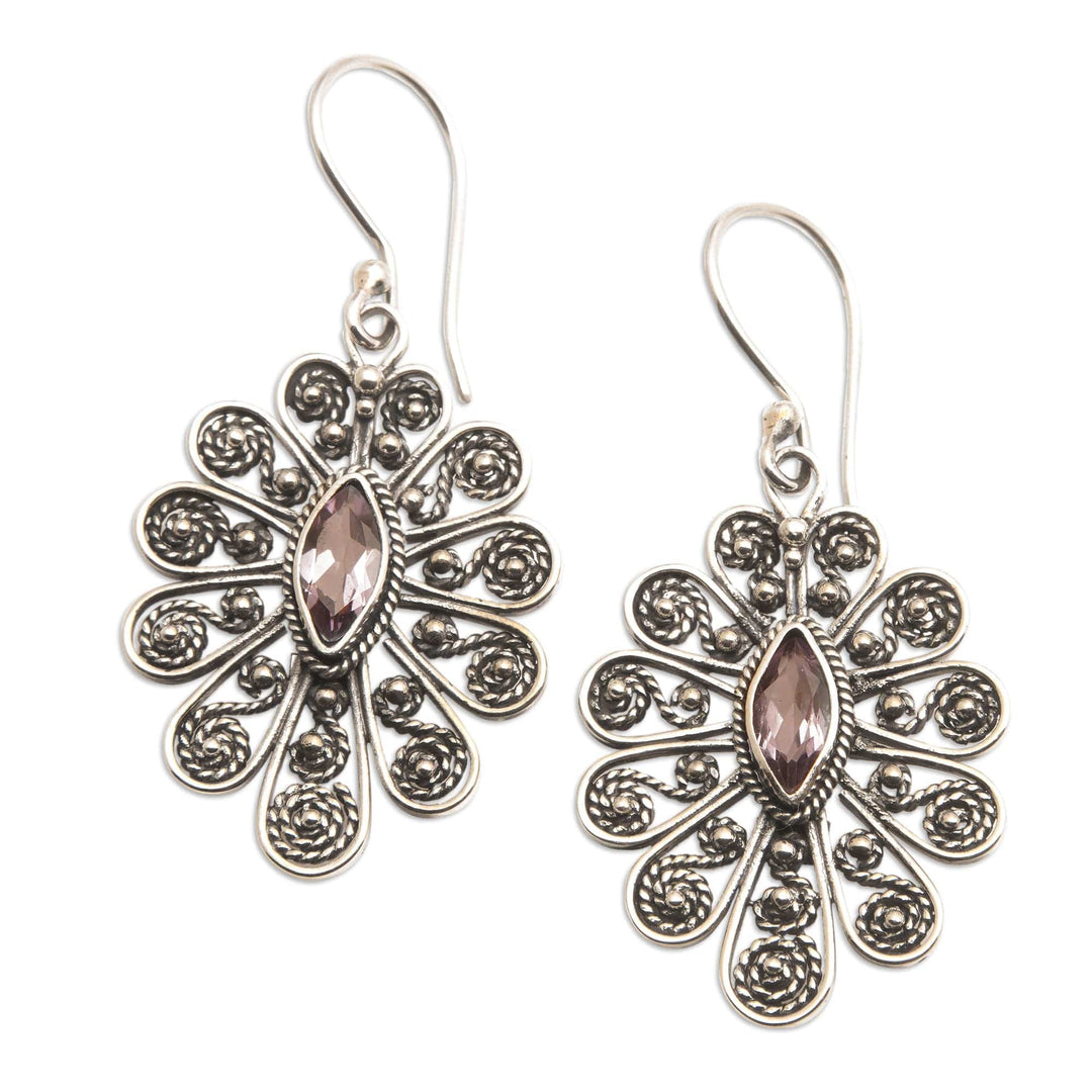 Amethyst Sterling Silver Peacock Tail Dangle Earrings - Peacock Splendor