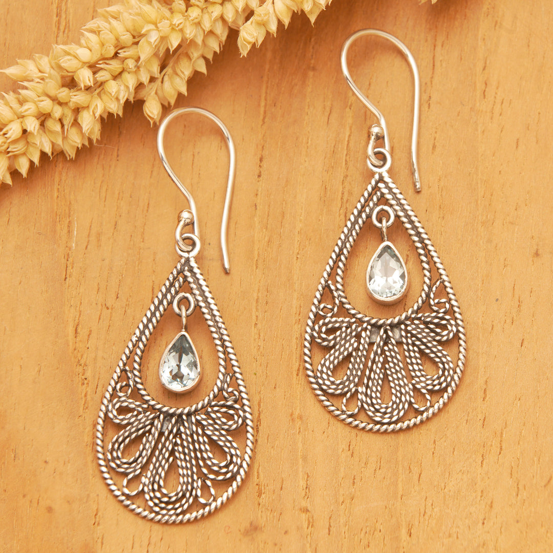 Sterling Silver Swinging Blue Topaz Stones Dangle Earrings - Swinging Moon