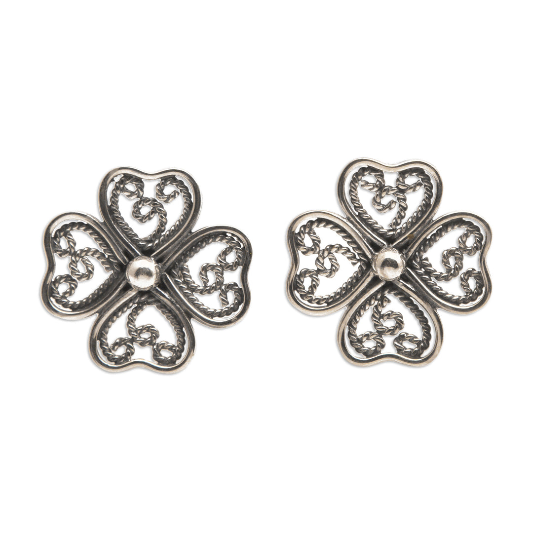 Lucky Four-Leaf Clover Openwork Silver Button Earrings - Balinese Clover