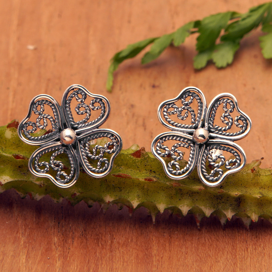 Lucky Four-Leaf Clover Openwork Silver Button Earrings - Balinese Clover