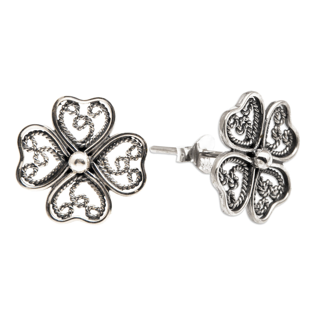 Lucky Four-Leaf Clover Openwork Silver Button Earrings - Balinese Clover
